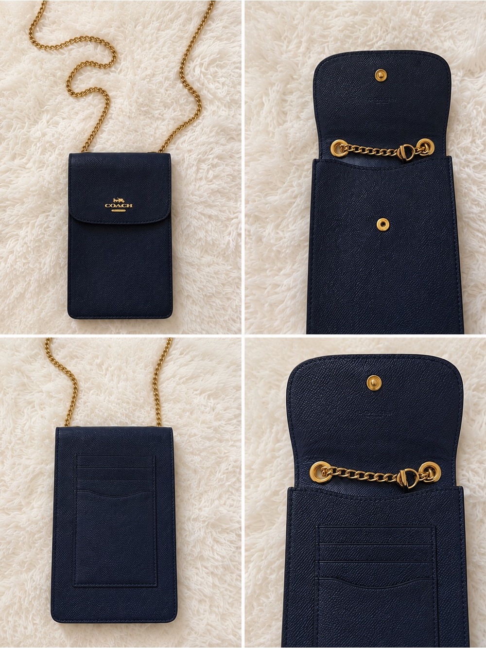 Coach Navy Leather Crossbody Phone Pouch with Gold Chain
